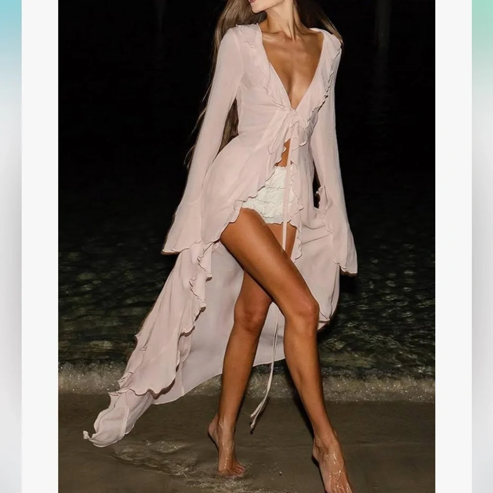 Black Hollywood long duster maxi robe cover up ruffle rumba retro Pinup bridal